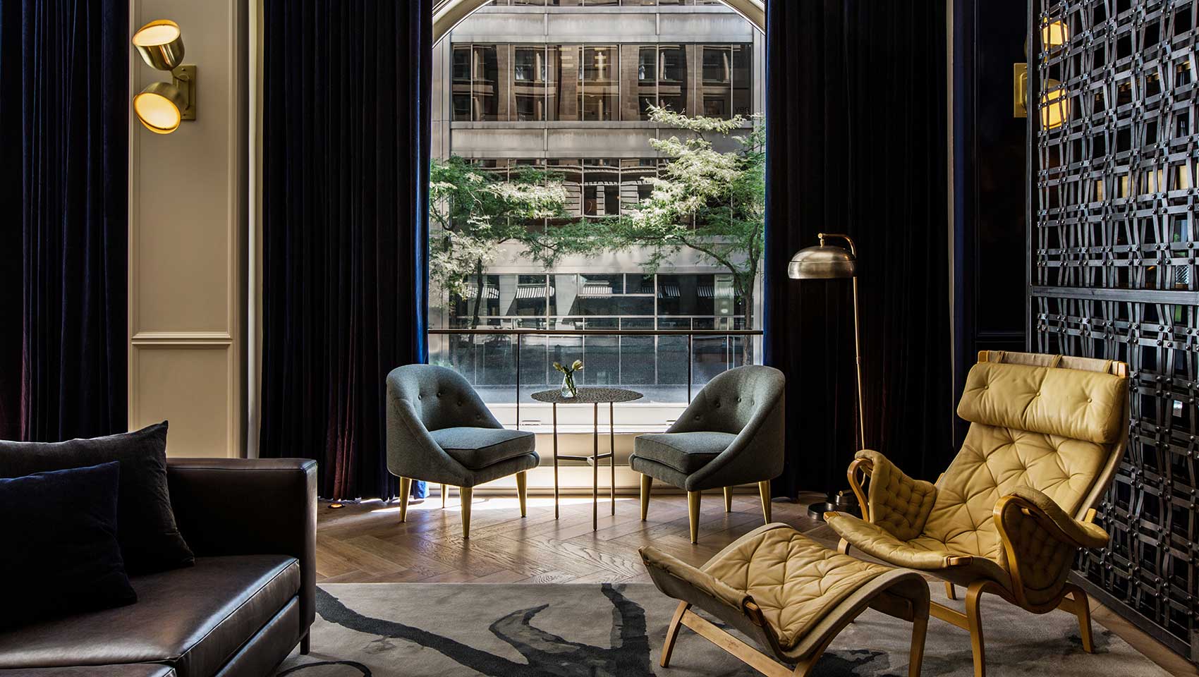 Kimpton Gray Hotel Chicago lobby living room, view of seating and street