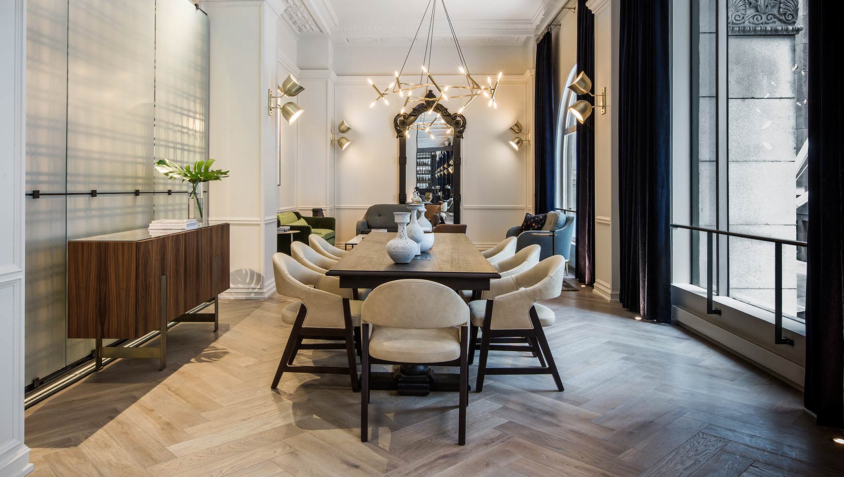 Kimpton Gray Hotel Chicago lobby living room, table seating